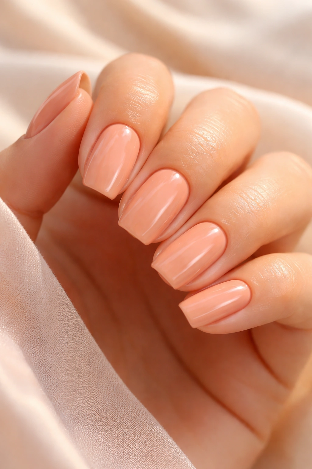 Close-up of nails in peachy tan fusion shade with coral-peach warmth
