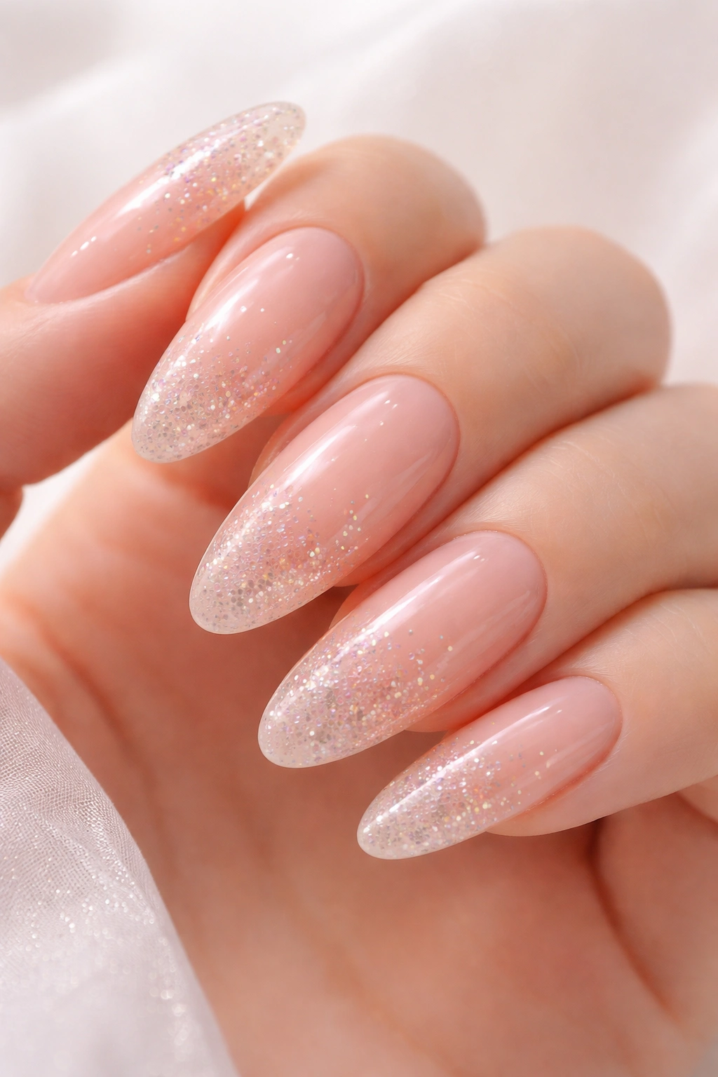 Long oval nails with translucent peach base and micro beads