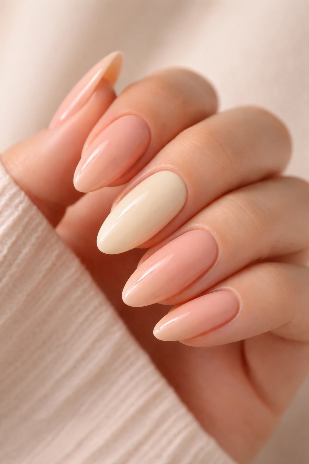 Long oval nails in peachy pink with cream accent nails.