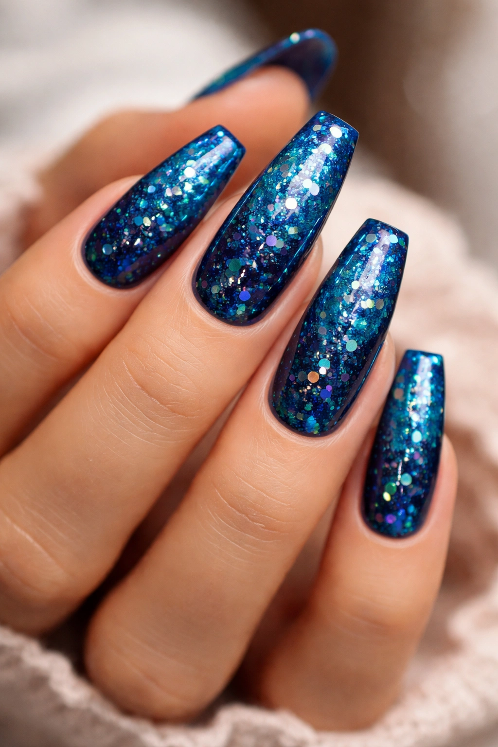 Peacock blue nails with iridescent flakes close-up