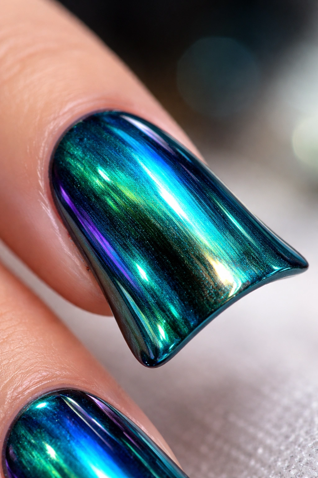 Duck nail with peacock chrome showing teal emerald iridescent accents