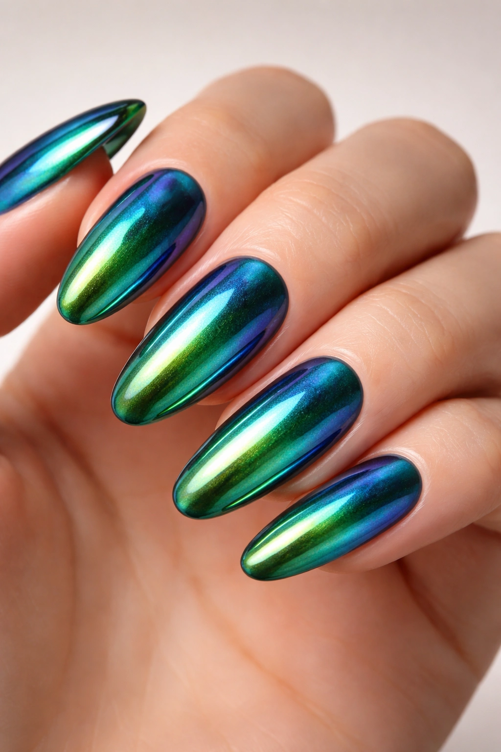 Long oval nails with emerald and teal peacock chrome color-shift