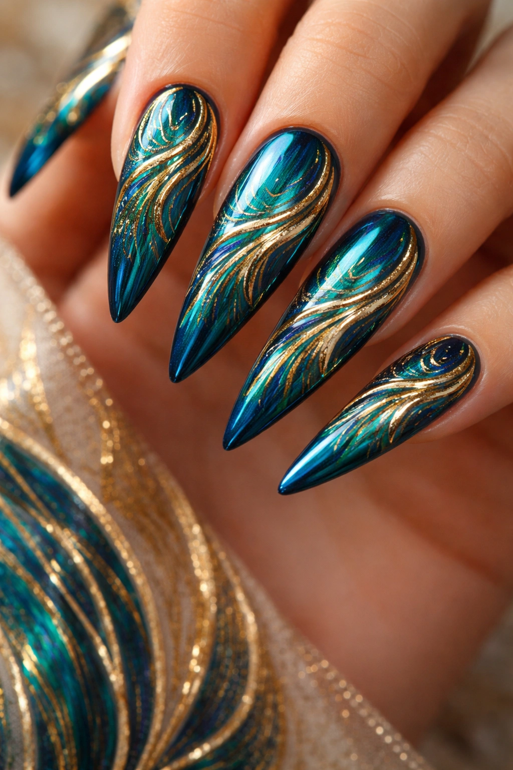 Nails featuring teal peacock chrome with gold swirls