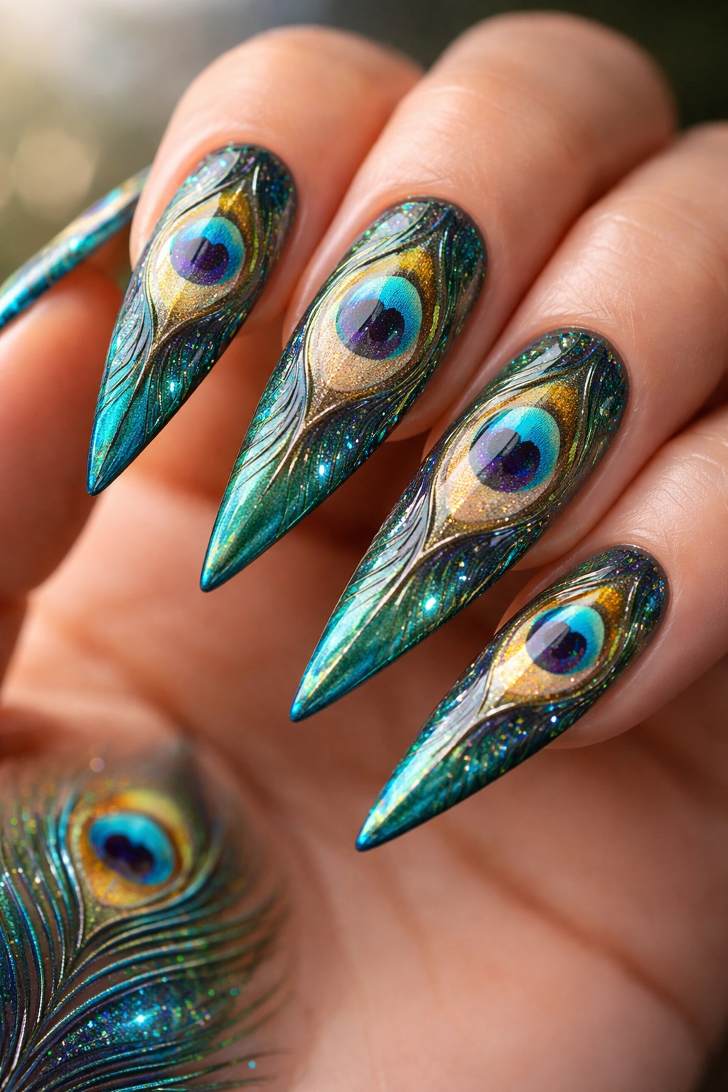 Teal and blue stiletto nails with peacock feather eye designs