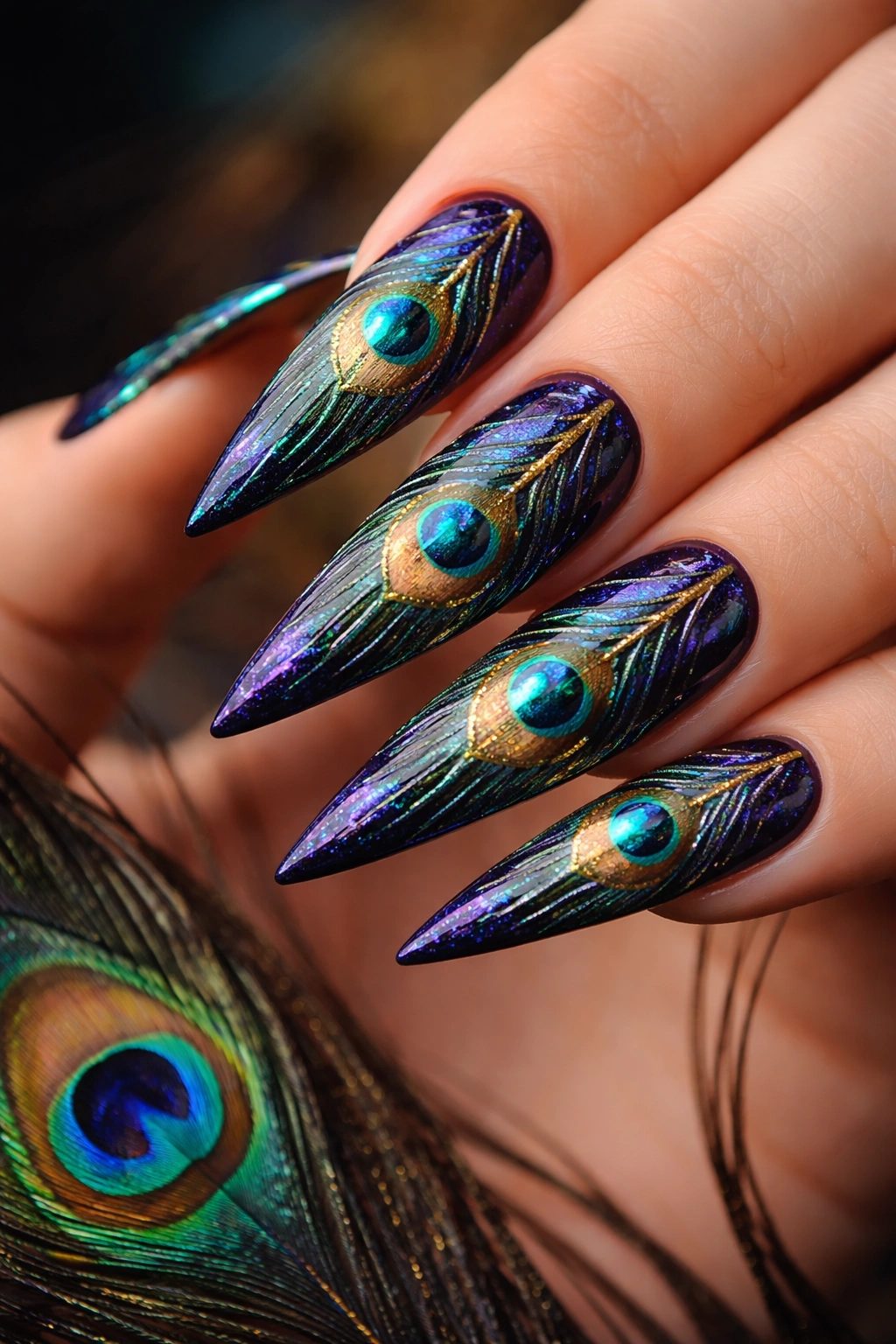 Stiletto nails with hand-painted peacock feather motif in blues greens purples and gold
