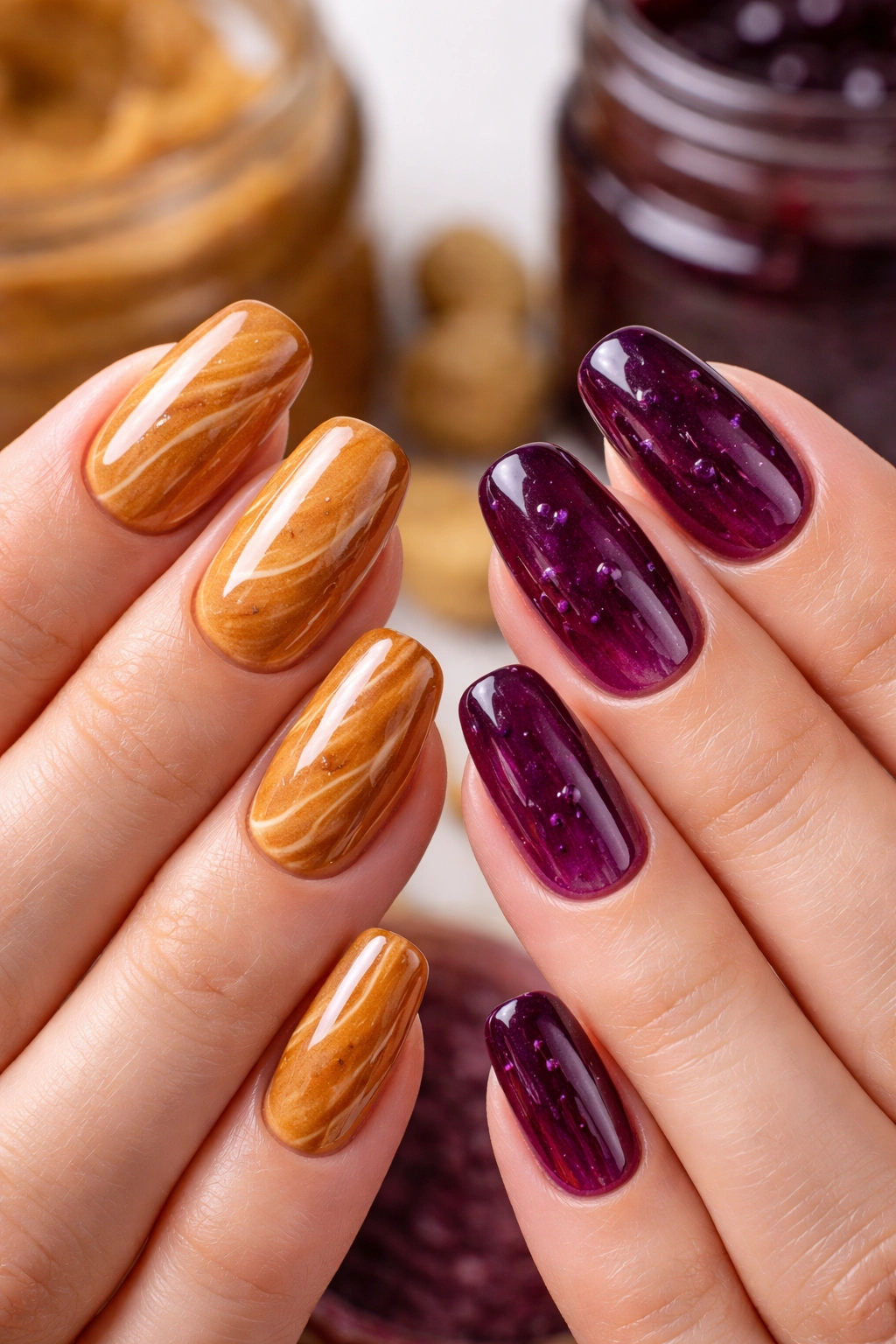 Close-up of peanut butter and jelly nails on two hands
