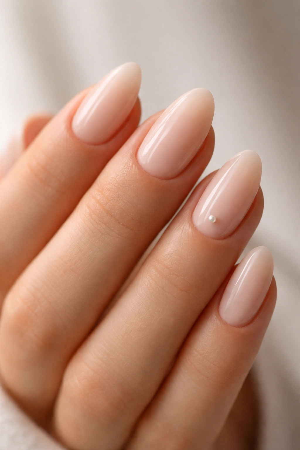 Tiny pearl accent nails on a short almond manicure.
