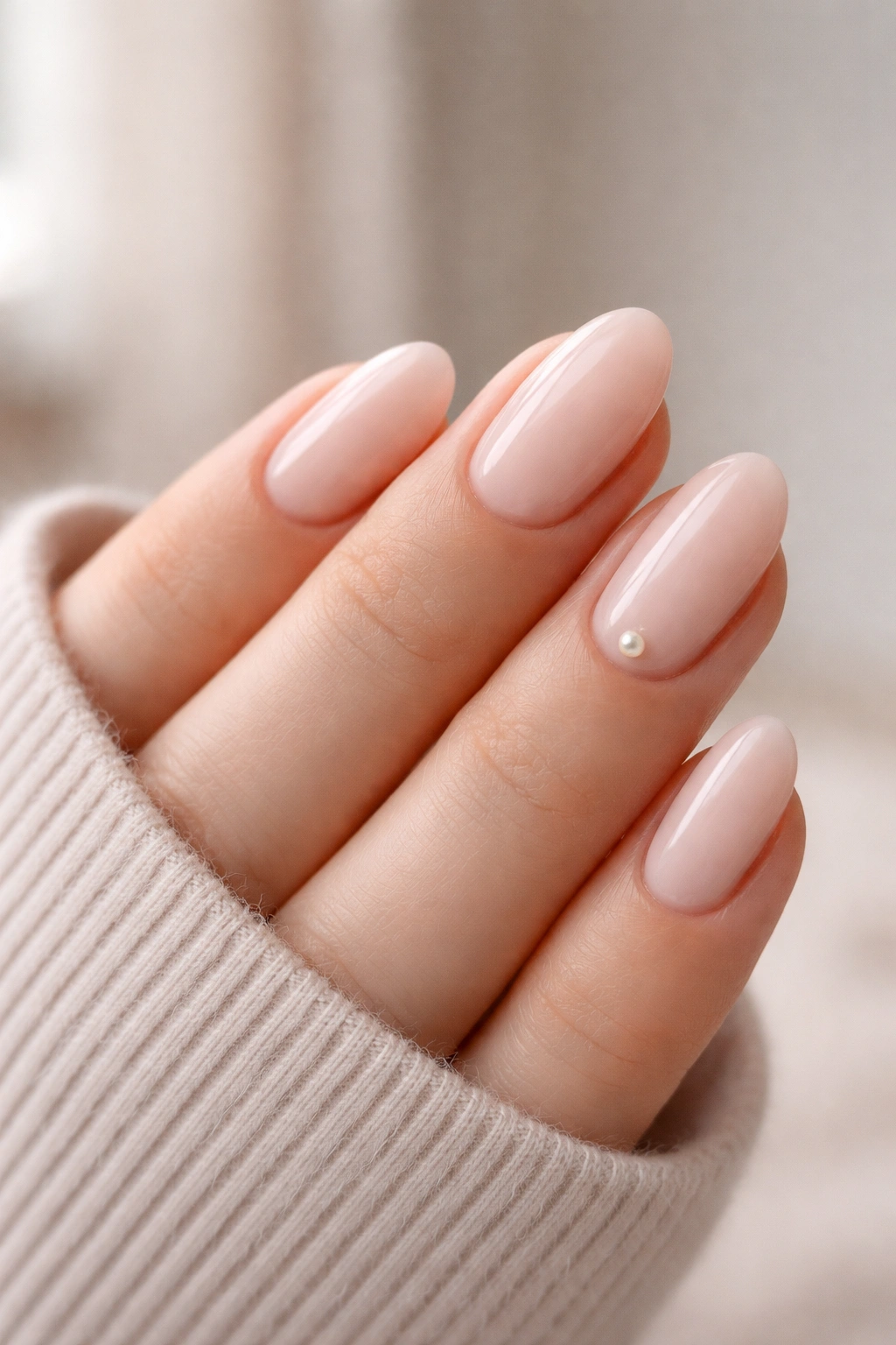 Short almond nails with a tiny pearl accent near the cuticle