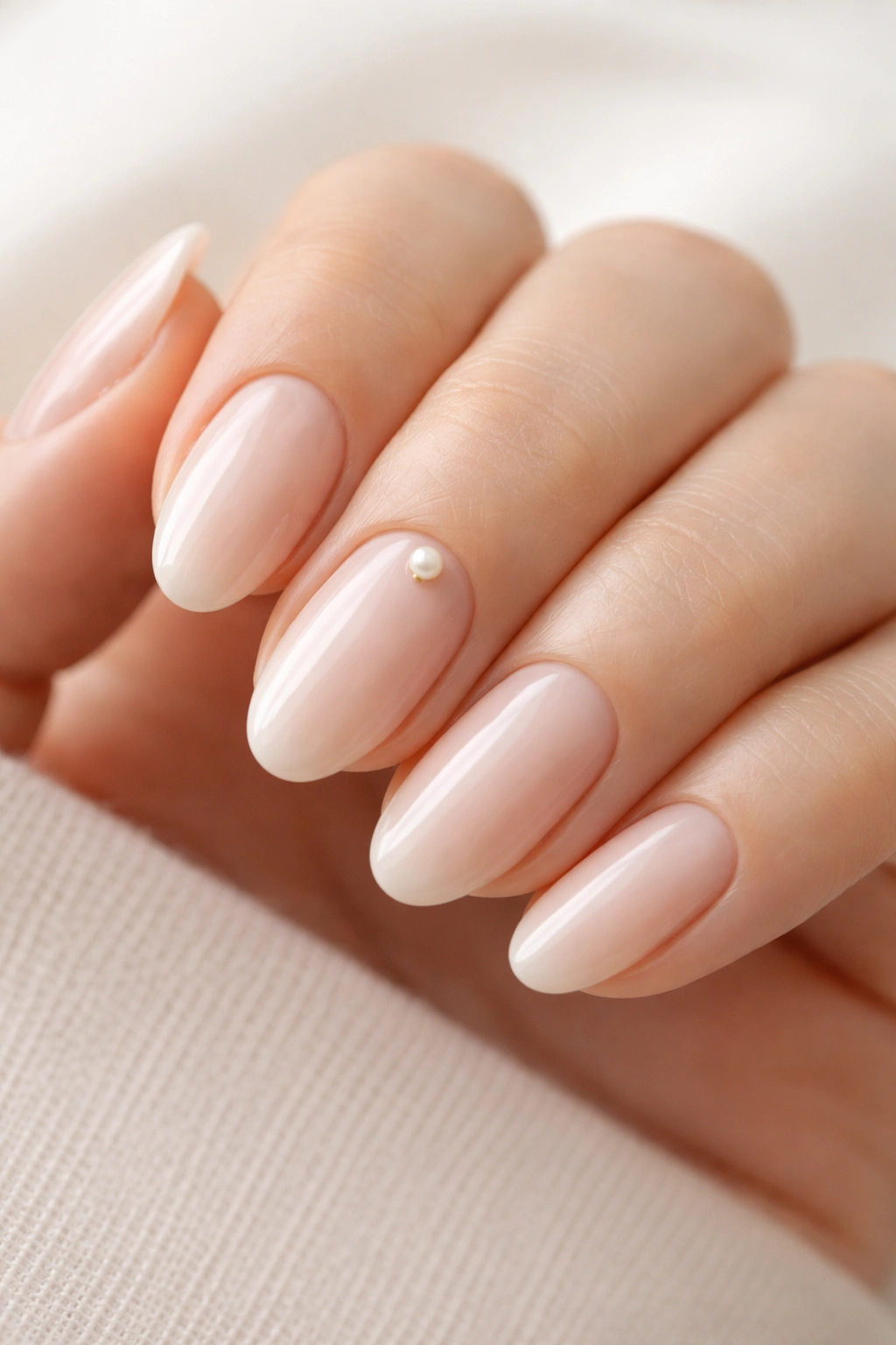 Close-up of a nail with a single pearl accent on a minimalist neutral manicure.