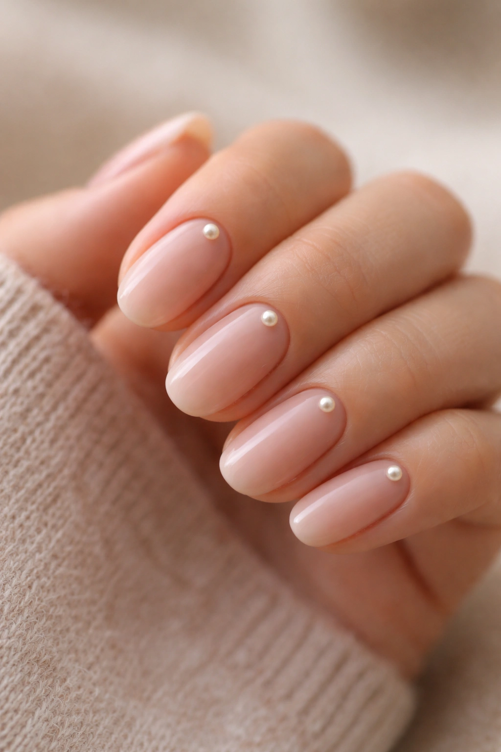 Close-up of short oval acrylic nails with a pearl accent at the cuticle on nude-pink base
