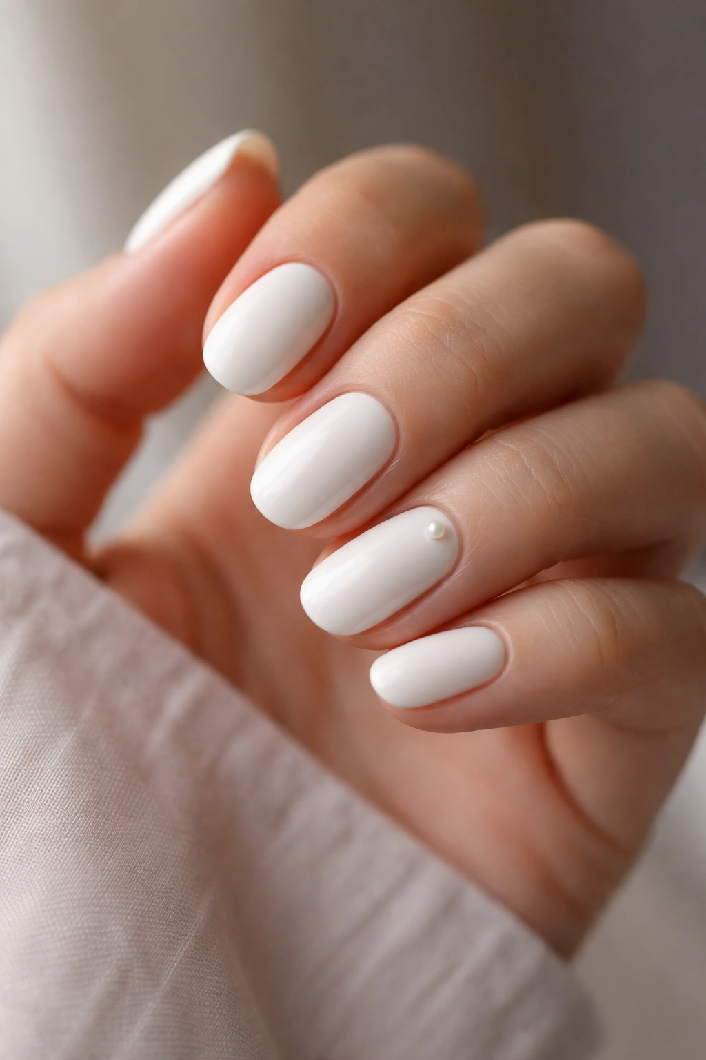 Close-up of white oval nails with a tiny pearl accent