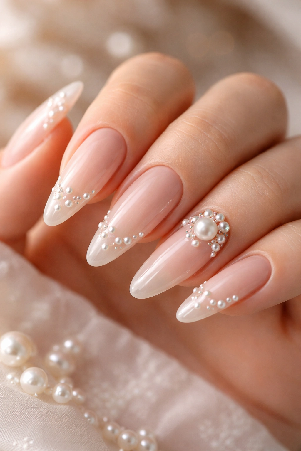 Close-up of nude acrylic nails with pearl embellishments of varying sizes