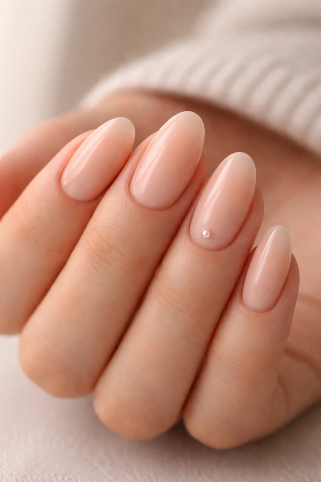 Close-up of short almond nails with a single pearl near the cuticle on one ring finger
