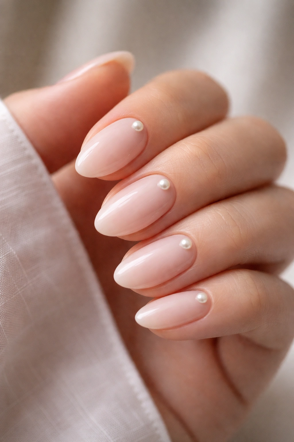 Close-up of extra-short almond nails with a single flat-backed pearl at the cuticle on a milky blush base