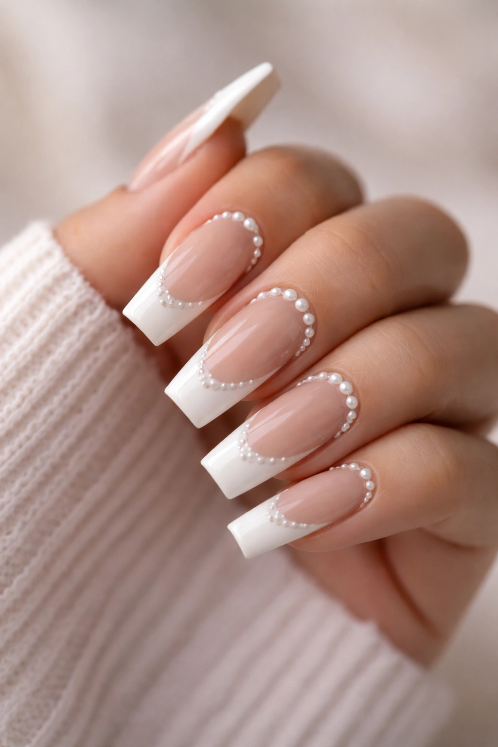 Close-up of pearl-accented white French tip ballerina nails on a nude base