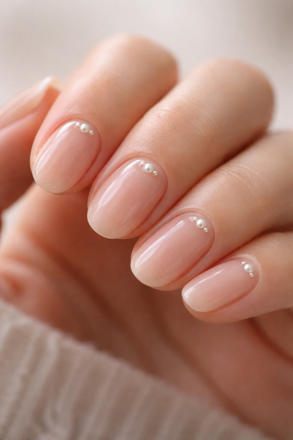 Close-up of short oval gel nails with sheer nude base and tiny pearl accents near the cuticle