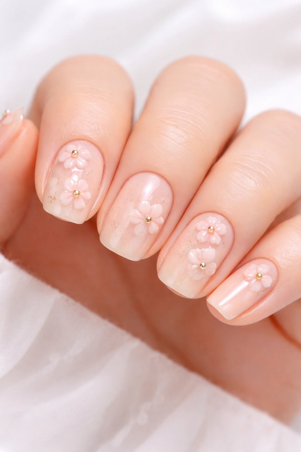 Close-up of short squoval nails with pastel peach base, peach blossoms, and pearl accents