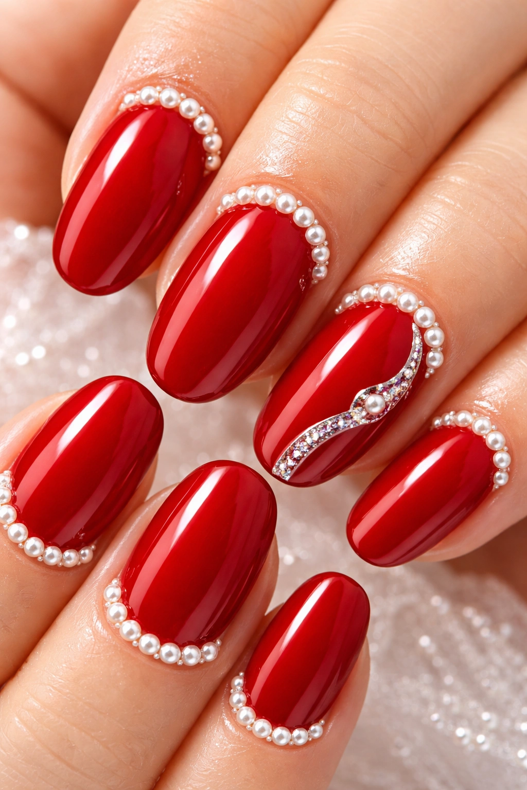 Close-up of red nails with pearl accents along the cuticle