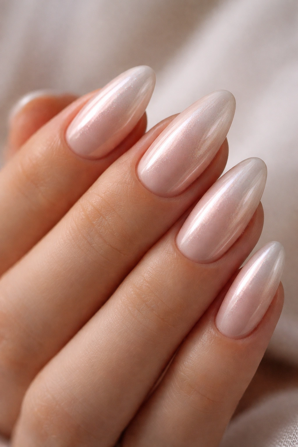 Close-up of pearl almond nails with a soft, luminous pearly glow on a sheer pink-beige base.