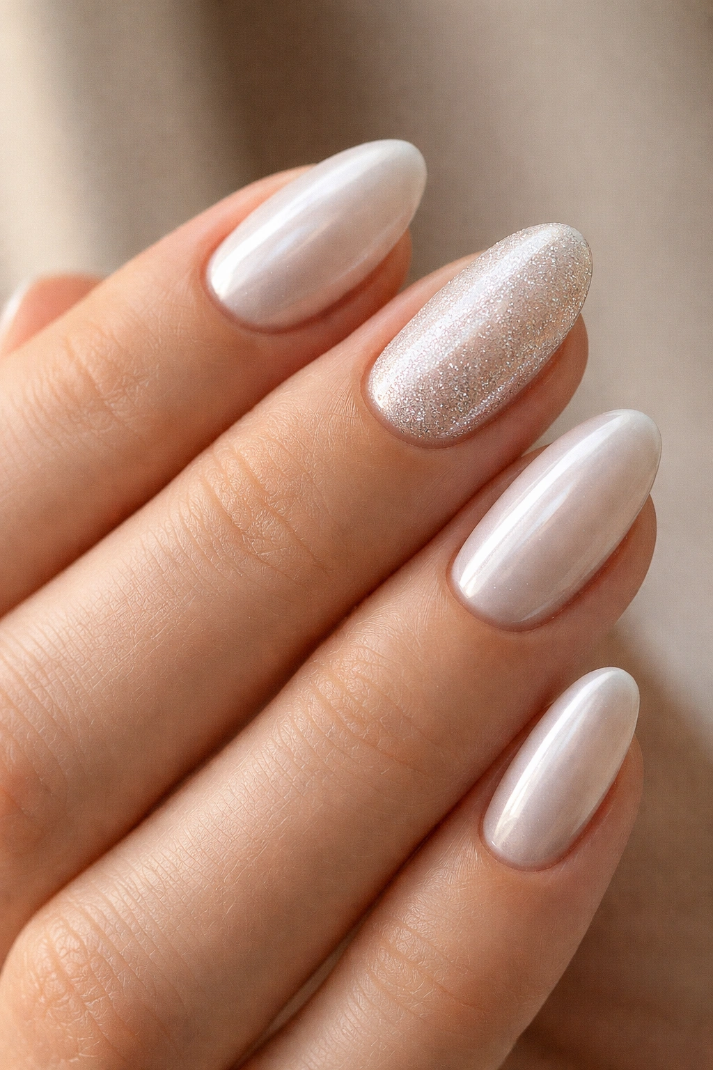 Close-up of pearl almond nails with a single accent nail