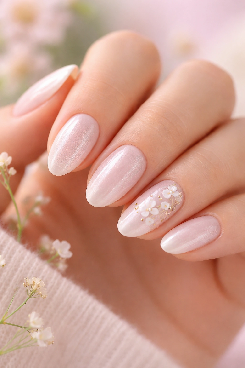 Close-up of short almond nails with pearl base and tiny floral accent.