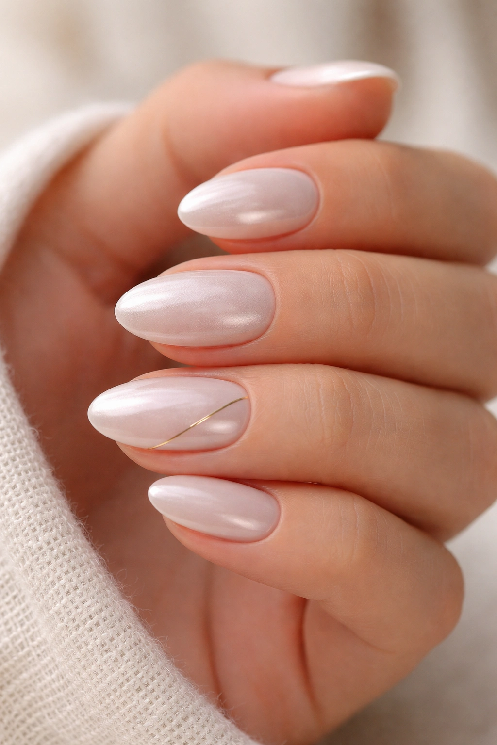 Close-up of pearl almond nails with minimal line art on accent nail