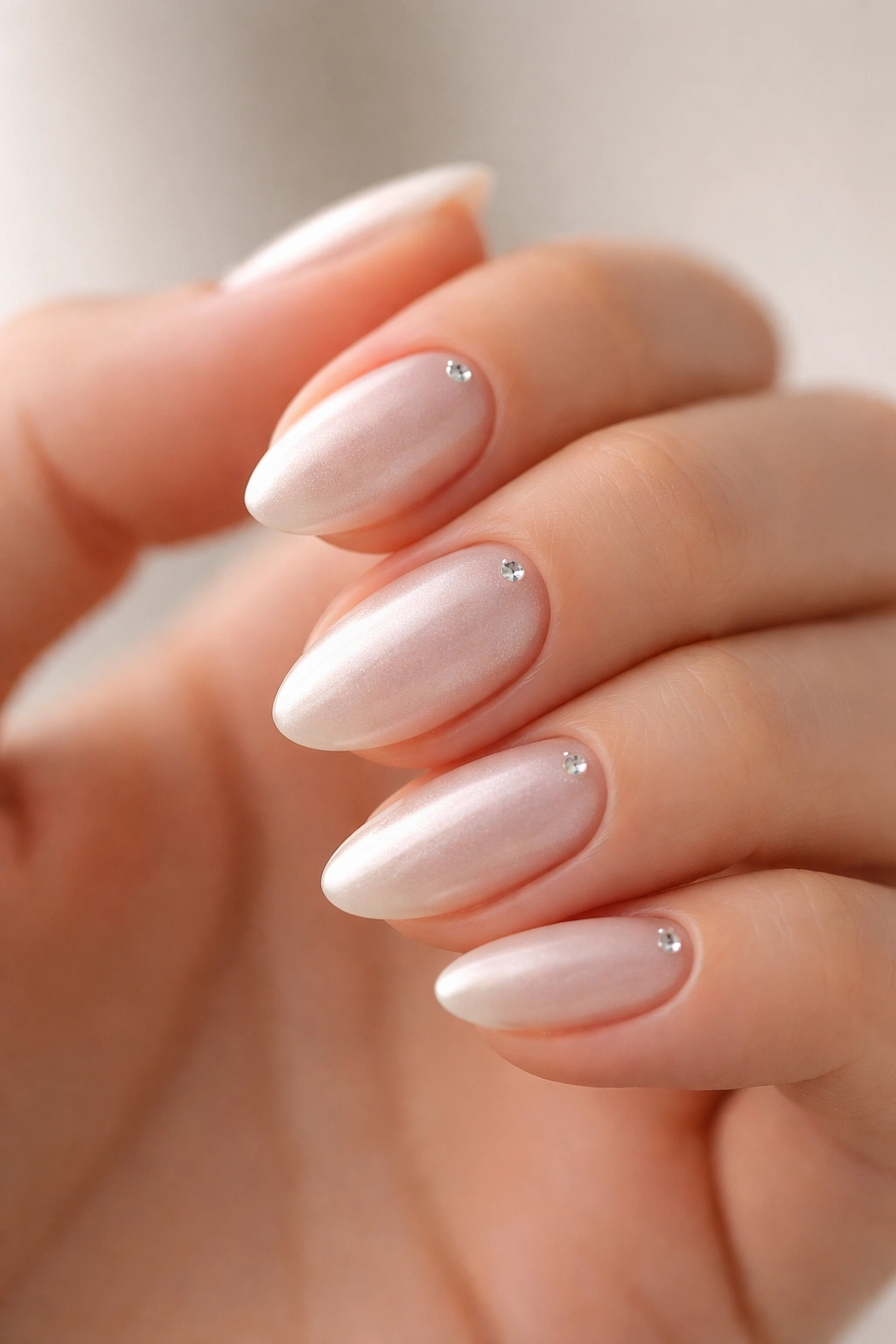 Close-up of pearl almond nails with micro rhinestones near the cuticles