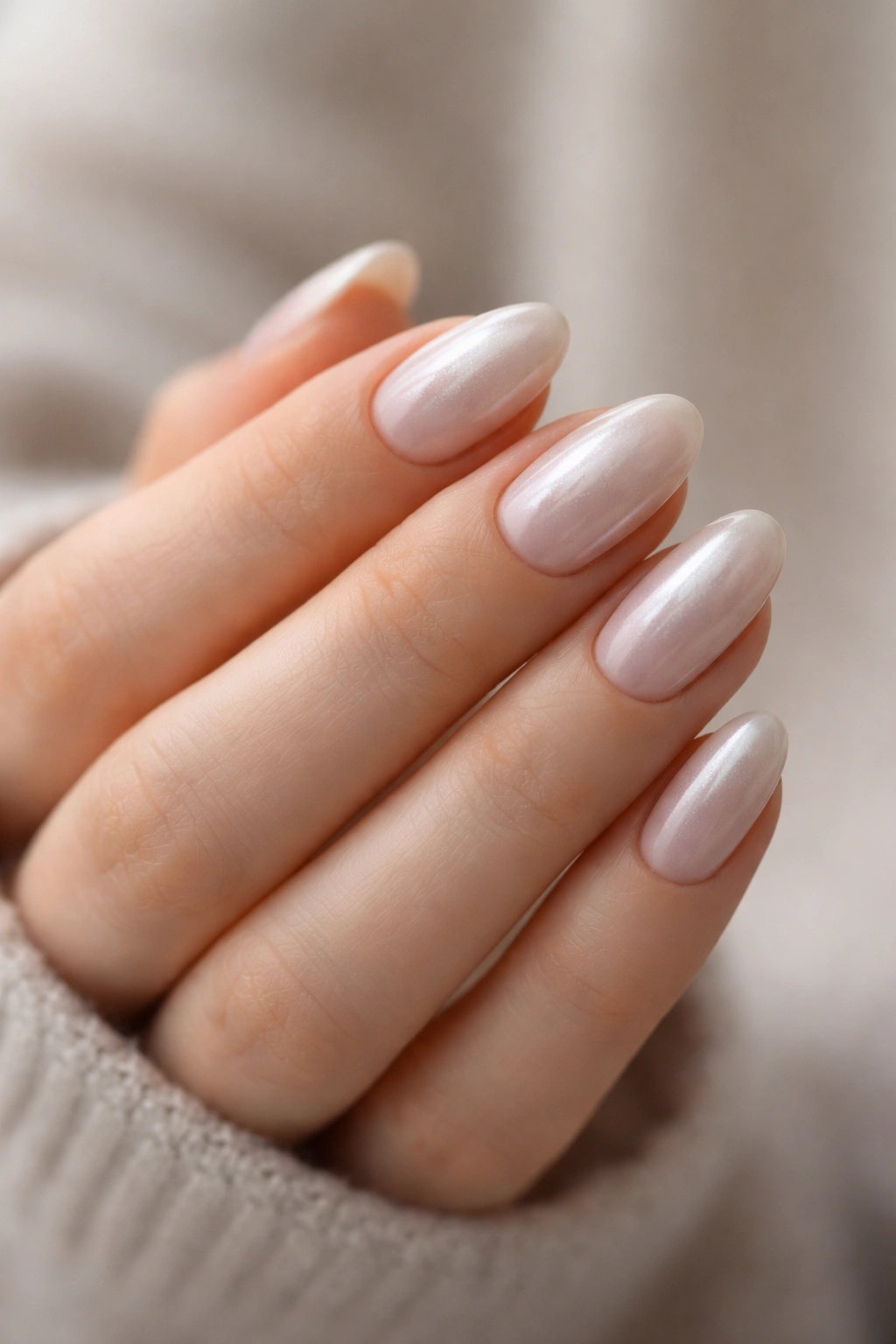 Close-up of short almond nails with nude base and pearl overlay.