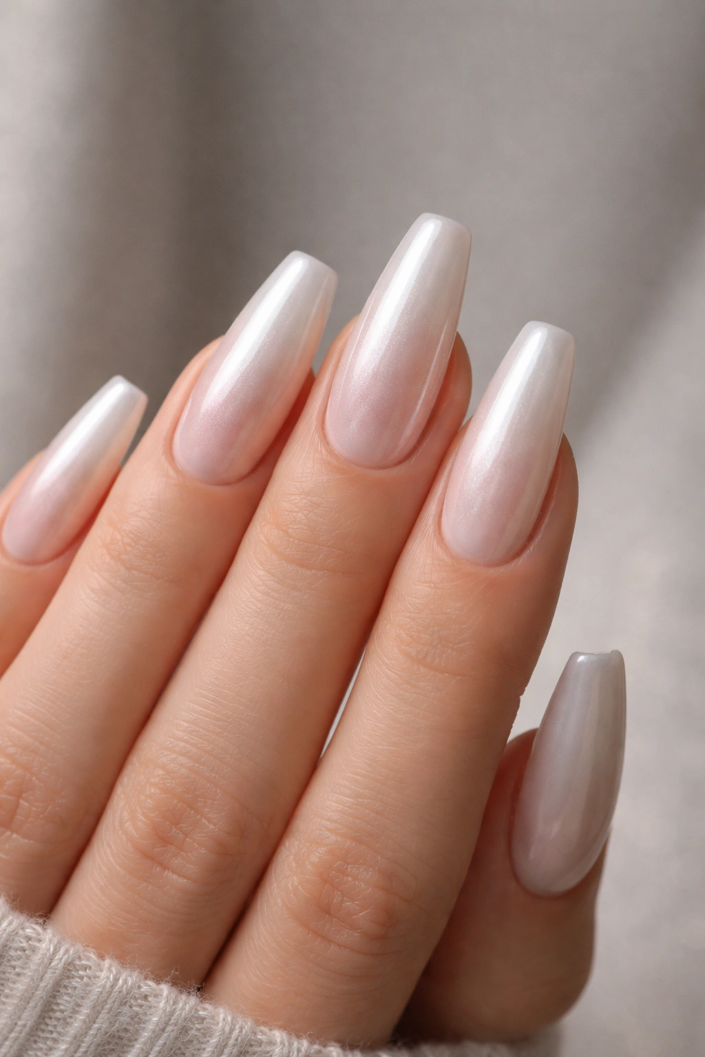Close-up of hands with pearl ballerina nails showing soft, glowing pearl finish.