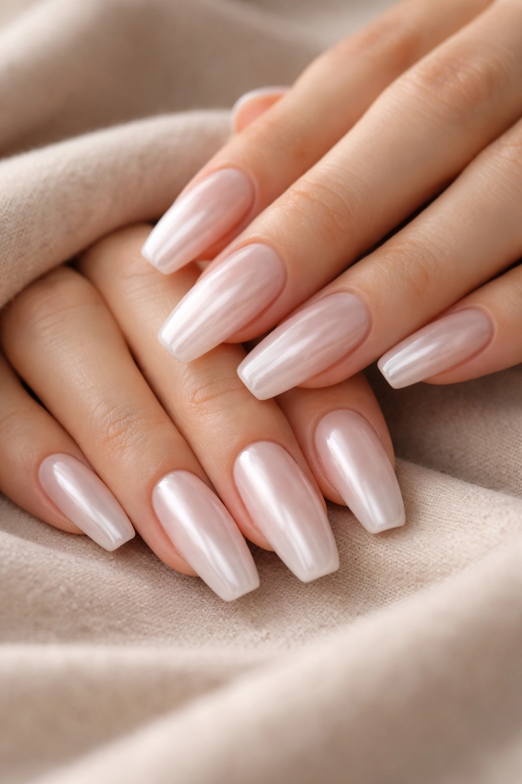 Close-up of pearl-toned ballerina nails with a smooth, creamy finish and subtle shine
