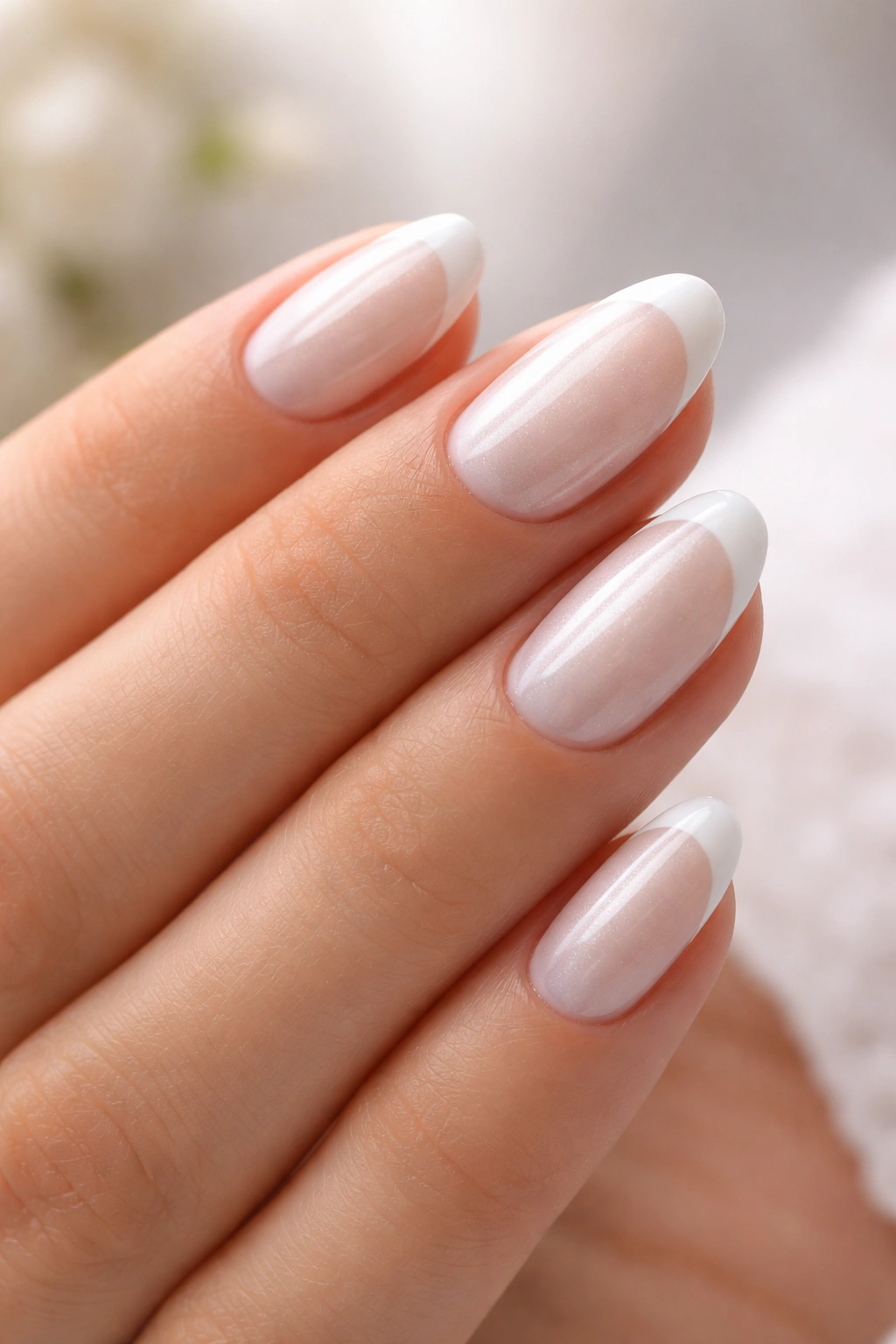 Close-up of short almond nails with pearl base and slim white tips