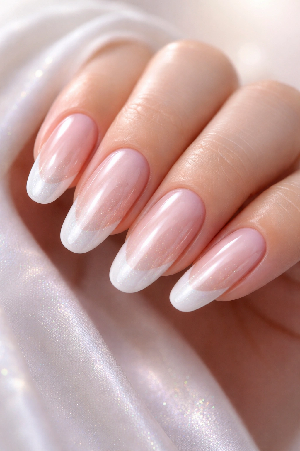 Nails with pearl base and shimmering white tips on long round nails
