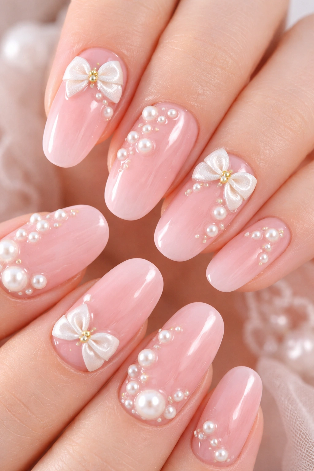 Nails with pearl and bow embellishments on a soft pink base