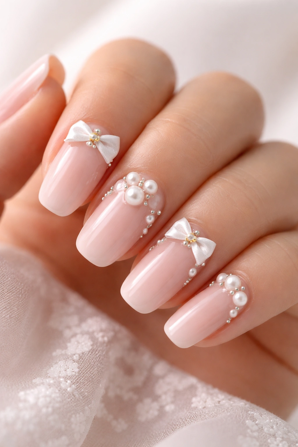 Close-up of nails with pearl and bow 3D embellishments on pale pink base