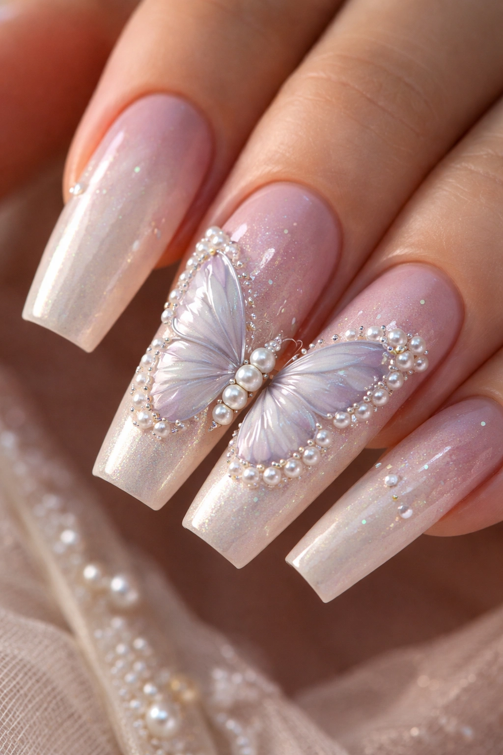 Butterfly with pearl accents on coffin nails up close