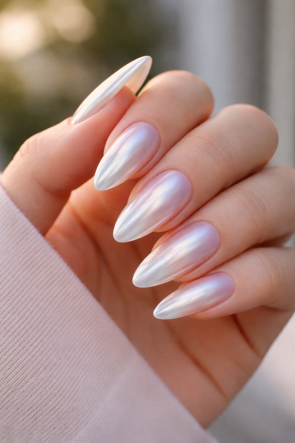 Close-up of pearl chrome almond nails with opalescent finish