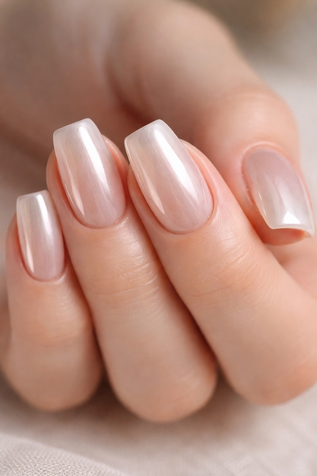 Glazed pearl chrome over sheer beige short nails