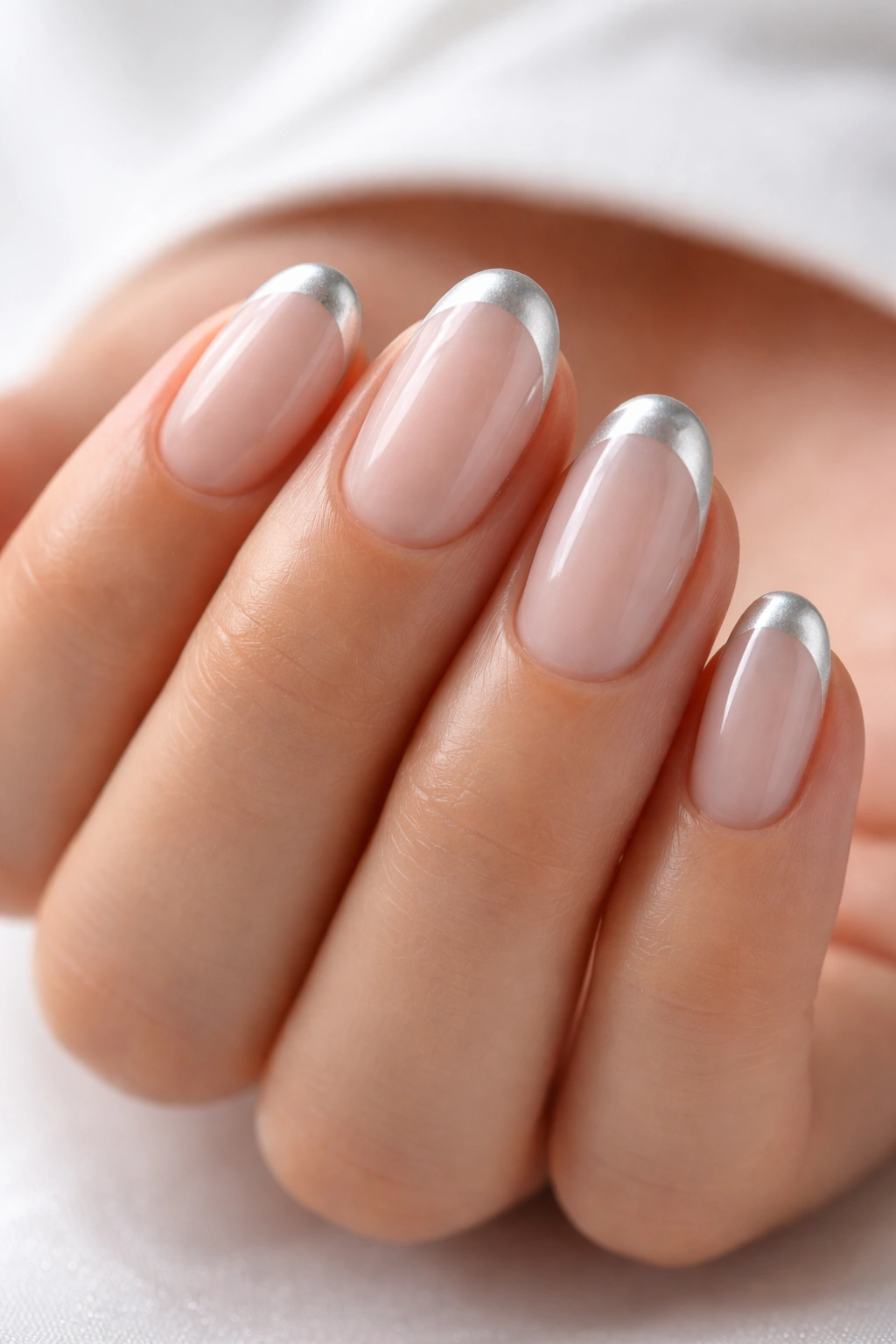Close-up of short oval nails with chrome pearl French tips