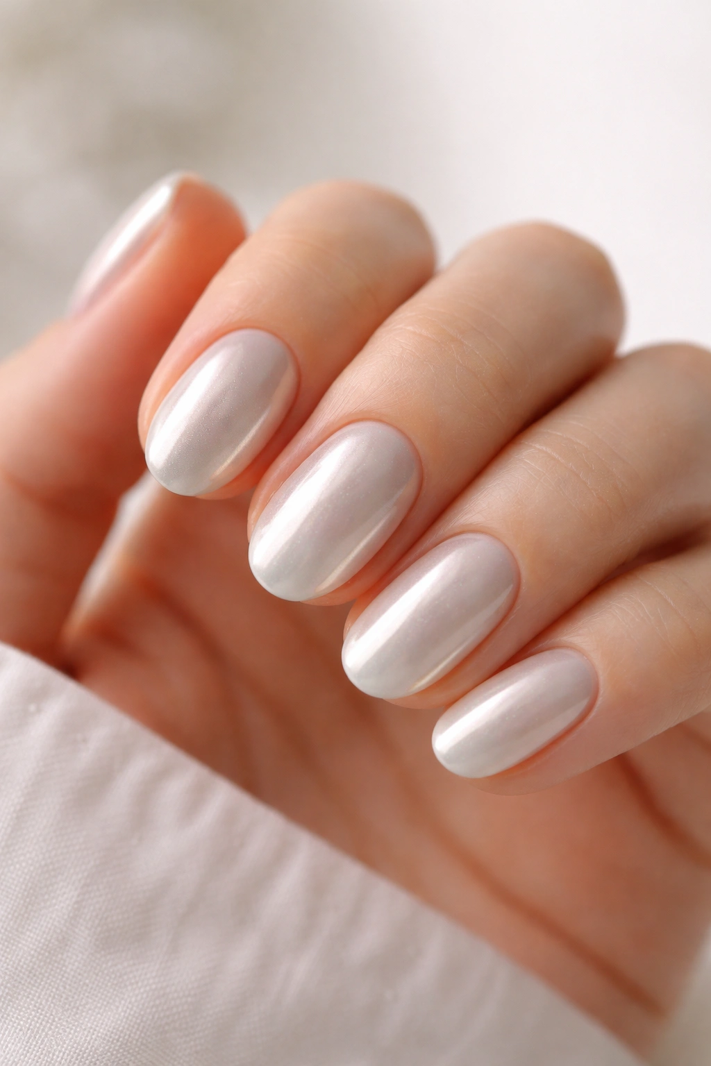 Close-up of short oval nails with pearl chrome over milky white base, soft glow