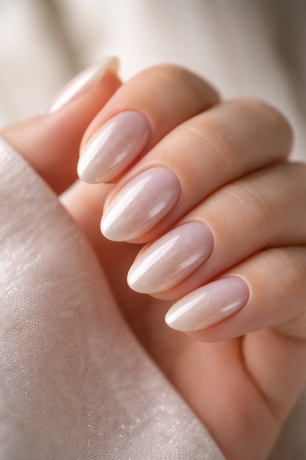 Close-up of short almond nails with pearl chrome finish.