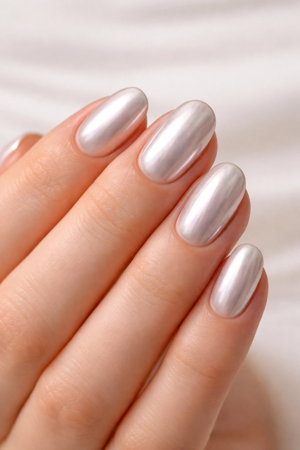 Close-up of short oval nails with pearl chrome finish and diffuse glow