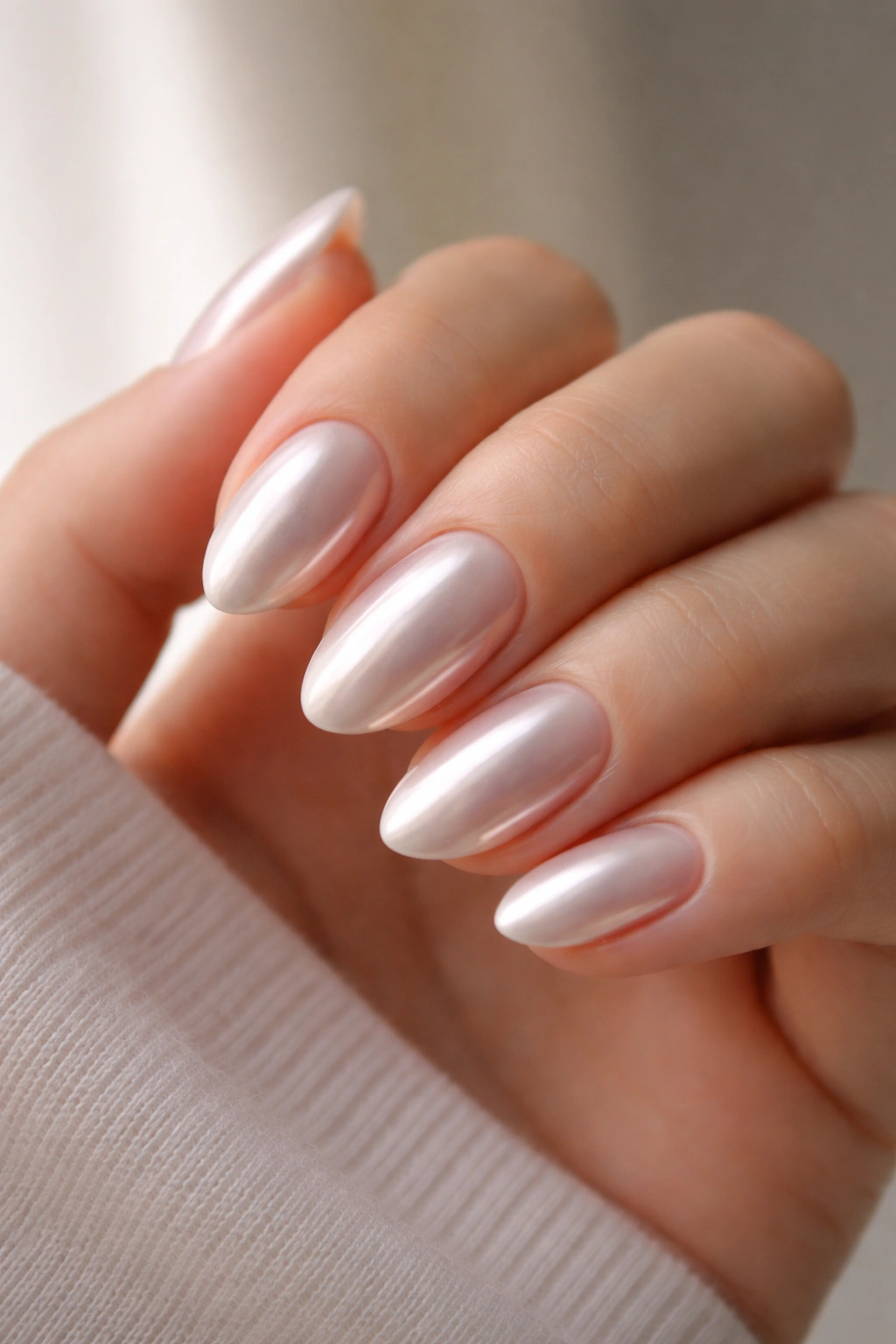 Close-up of a hand with short almond nails in pearl chrome over a milky base.
