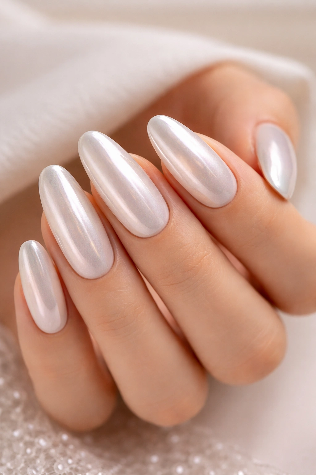 Close-up of pearl chrome long oval nails on a pale base