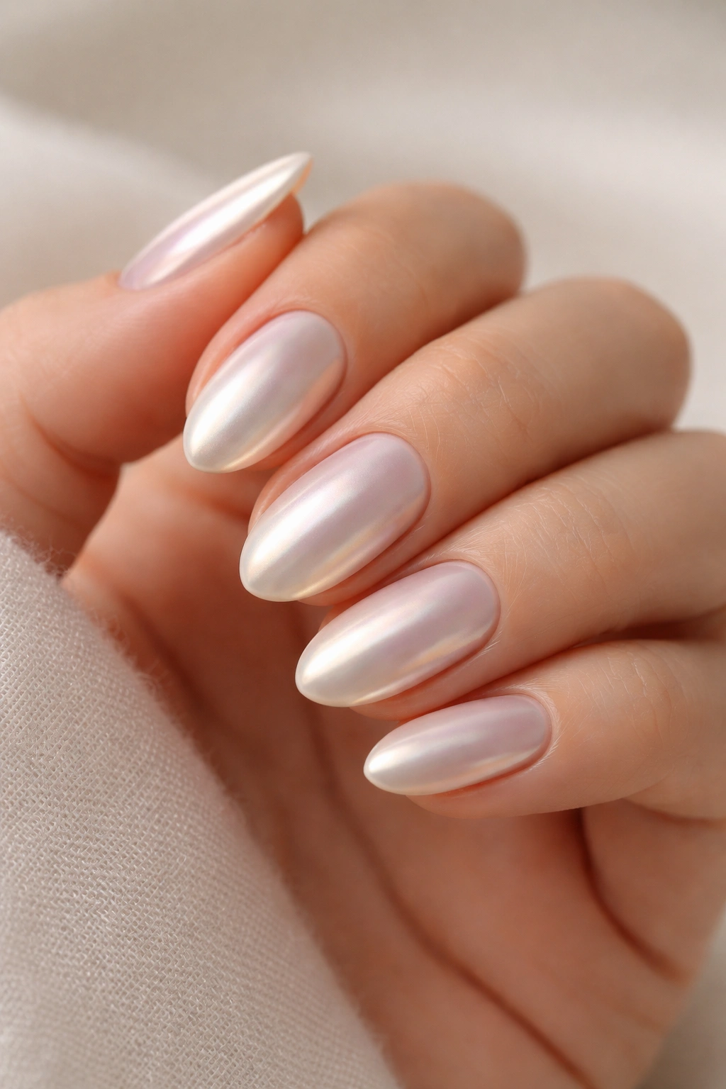 Close-up of almond-shaped nails in soft pearl chrome on a hand with a neutral background