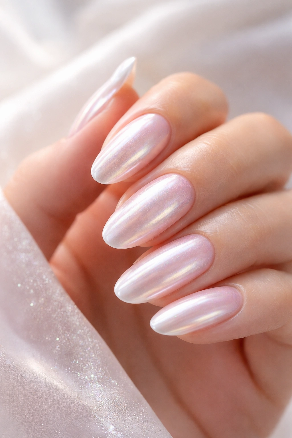 Pearl chrome nails on sheer pink nude base with luminous glow