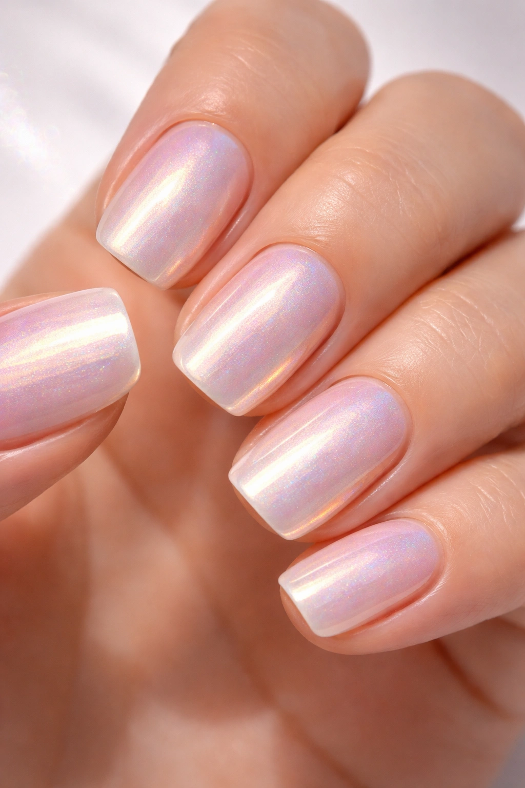 Close-up of short squoval nails with iridescent chrome pearl finish