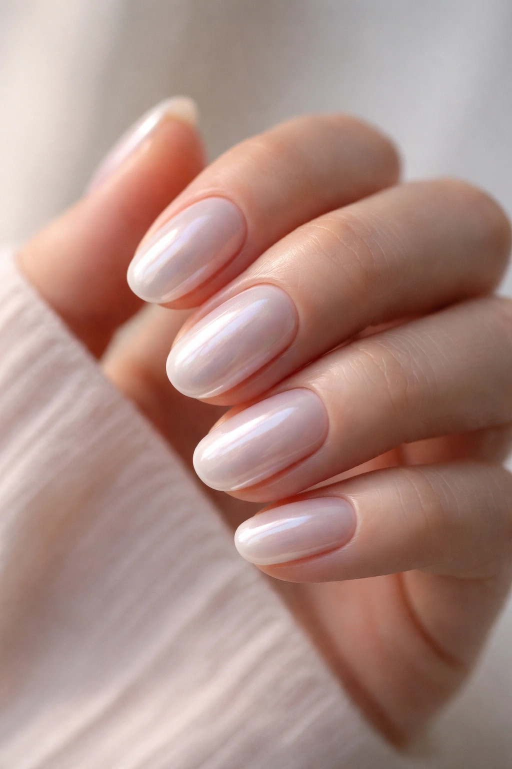 Close-up of pearl chrome nails on short oval nails with reflective sheen