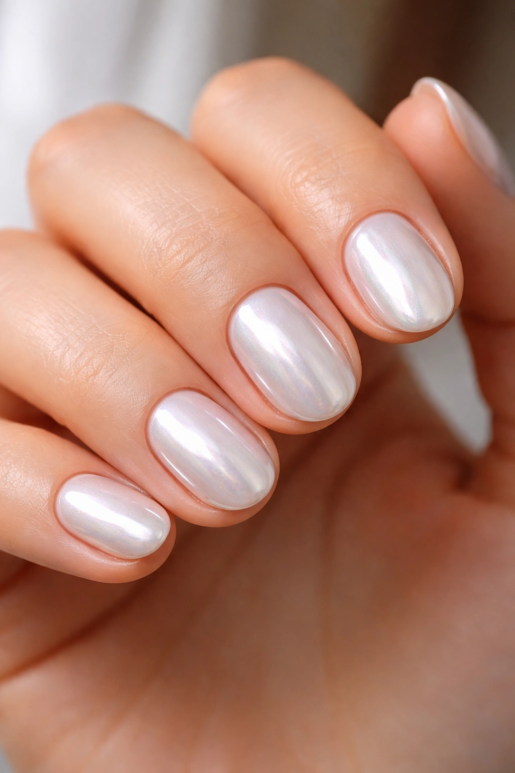 Close-up of pearl chrome short oval nails with a shiny reflective surface