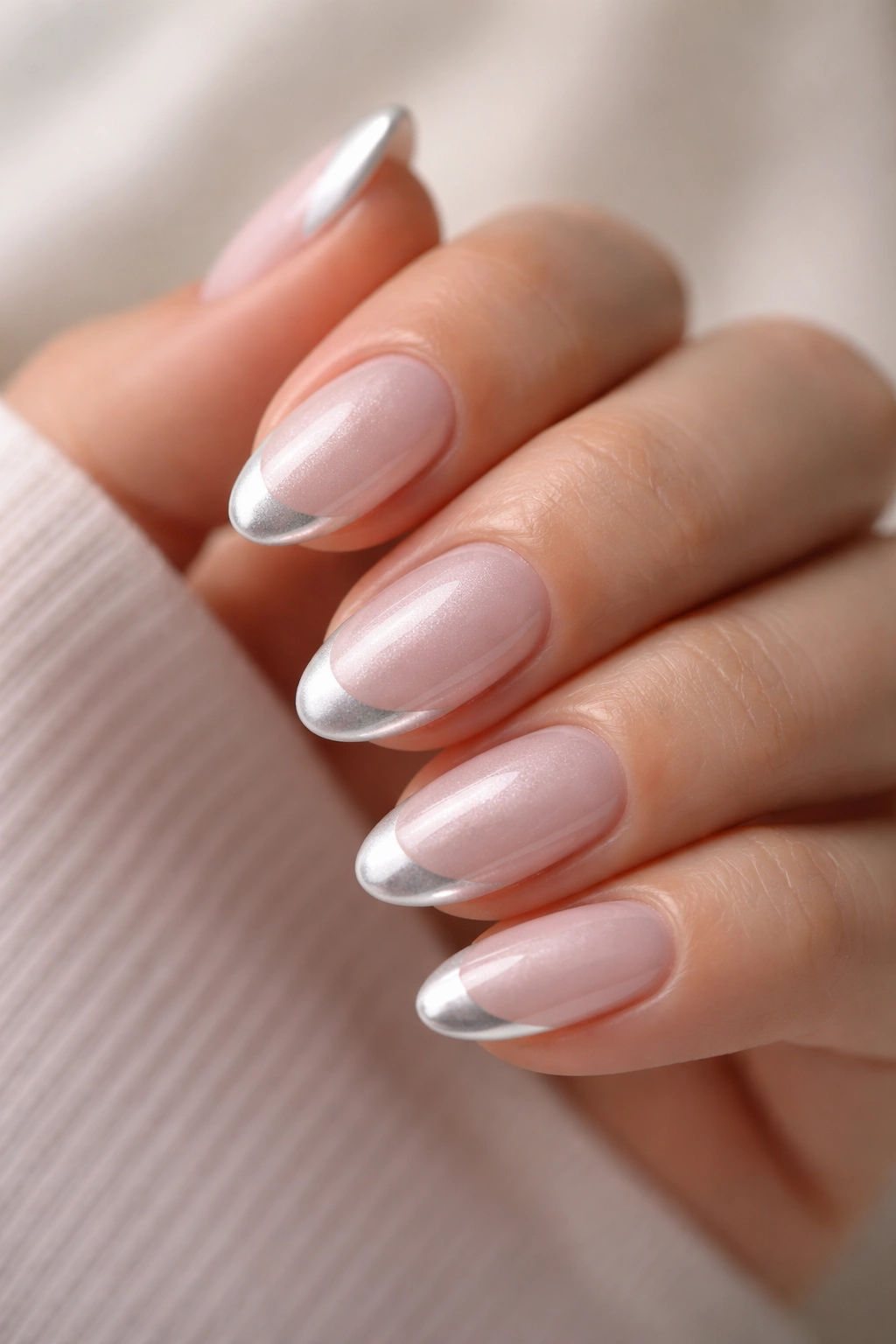 Short almond nails with pearl chrome French tips