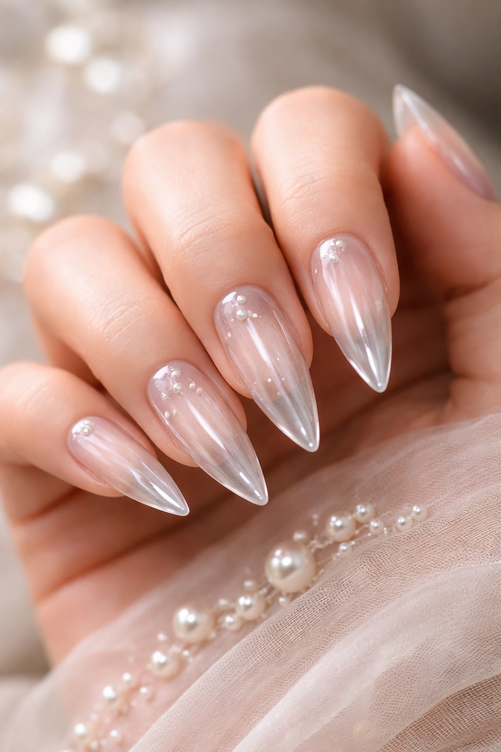 Clear stiletto nails with pearl details